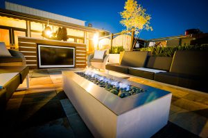 Robata Linear Fire in an outdoor lounge by DK Design of Arkansas